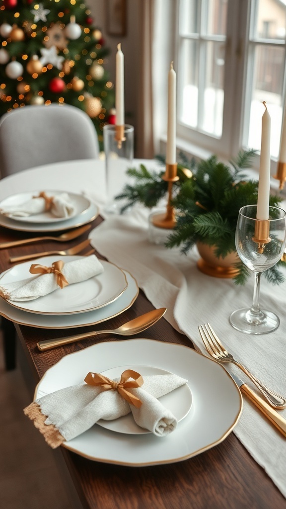 A minimalist holiday table setting with white plates, gold accents, and a Christmas tree in the background.