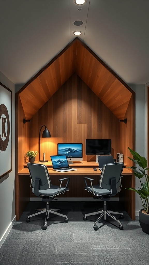 A minimalist workspace featuring a triangular nook with wooden paneling, two monitors, ergonomic chairs, and a small plant.
