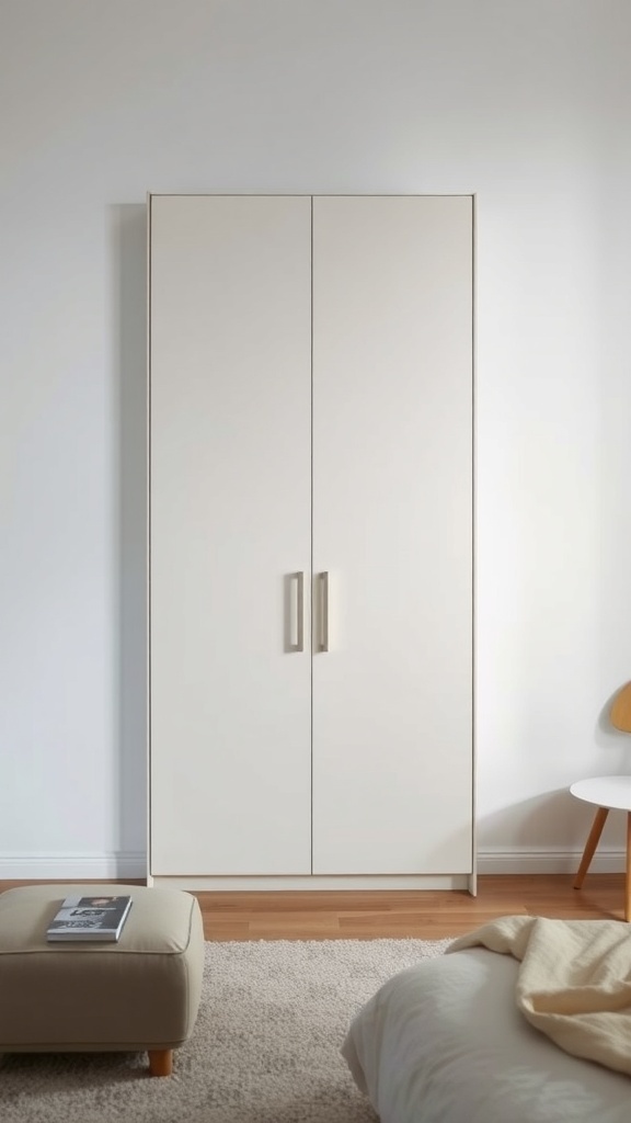 A minimalist wardrobe in a modern bedroom setting, featuring a sleek design and neutral colors.