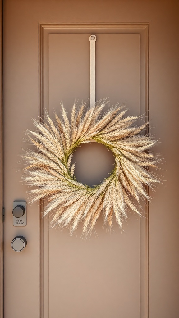 A minimalist wheat wreath hanging on a door, featuring dried wheat arranged in a circular shape.