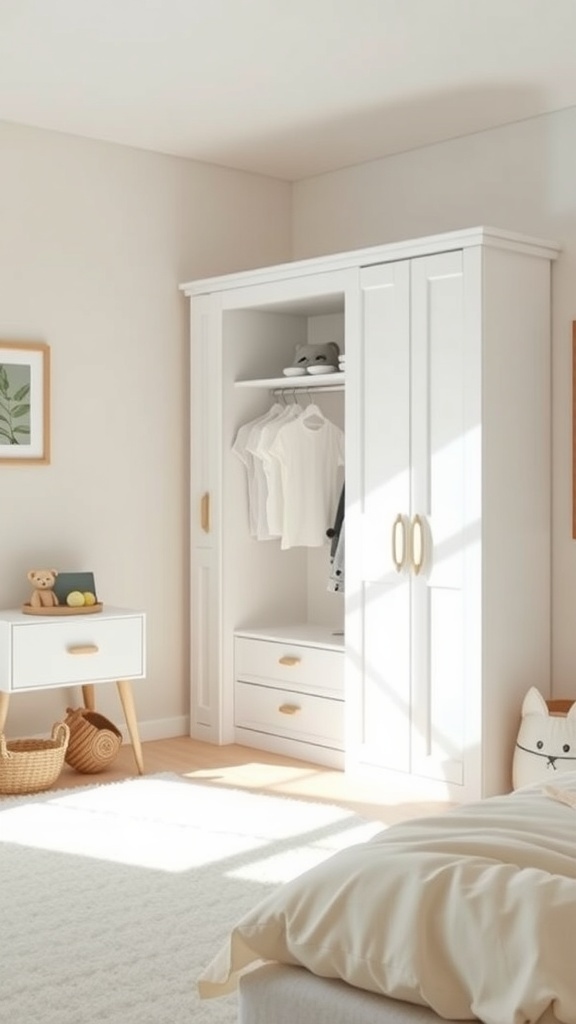 A minimalist white corner wardrobe with gold handles in a kids' room