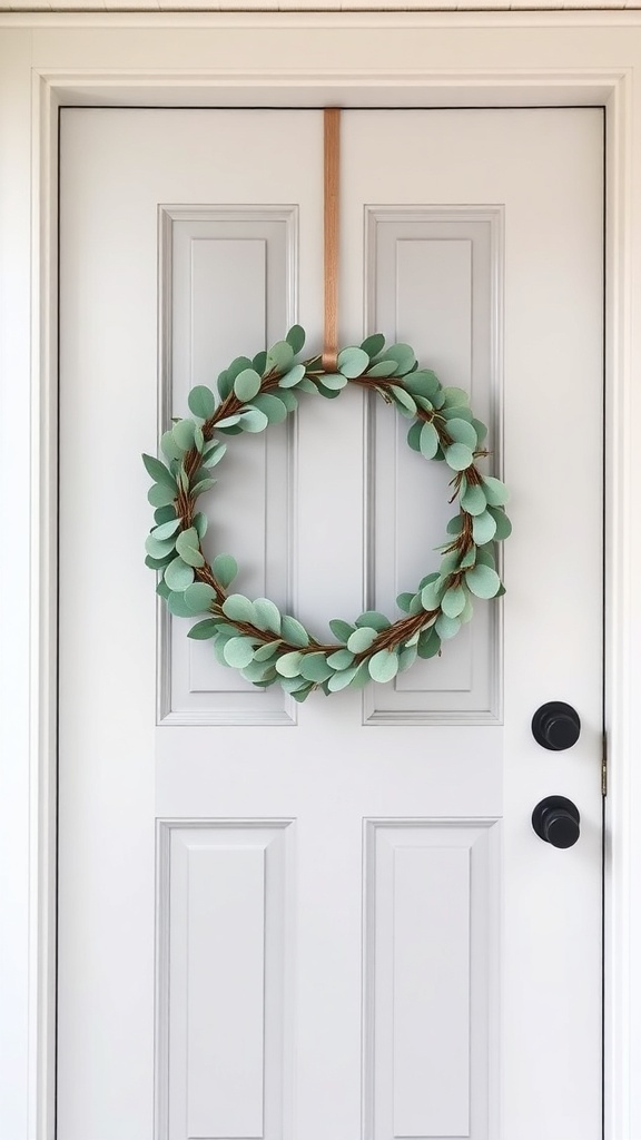 A minimalist wreath made of eucalyptus leaves hanging on a light-colored door.