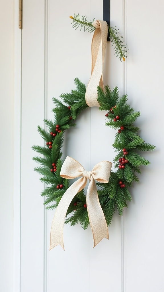 A minimalist wreath made of pine branches and red berries, adorned with a soft beige ribbon, hanging on a white door.