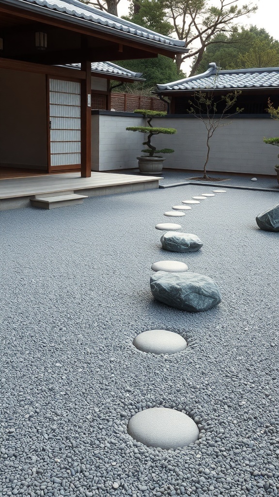 A minimalist Zen garden featuring smooth gravel, stones, and traditional architecture.