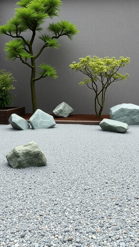 A minimalist Zen rock and gravel garden with smooth stones and green trees.
