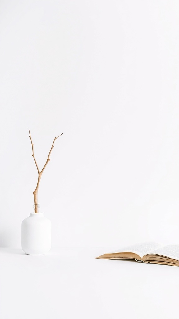 A minimalist zen space featuring a white background, a simple white vase with a branch, and an open book on a clean surface.