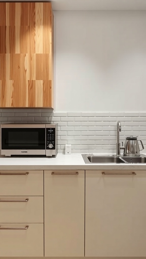 A sleek kitchen countertop with minimal appliances, featuring a microwave and kettle.