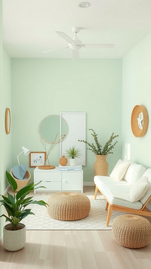 A mint green room featuring light furniture, plants, and natural decor accents.