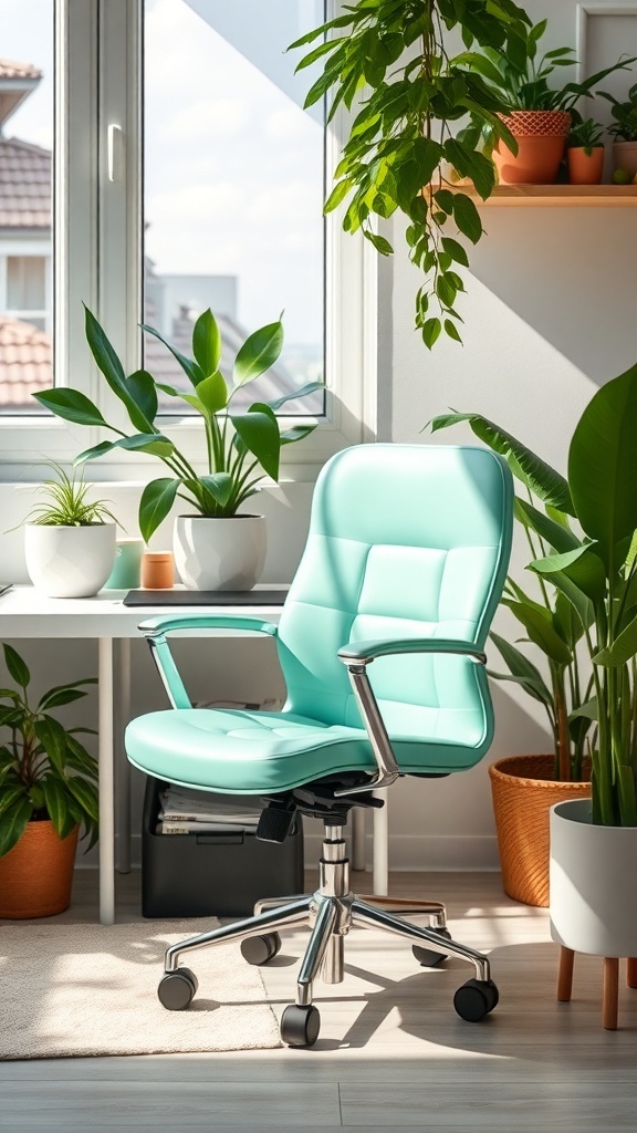 A mint green office chair in a bright workspace surrounded by plants.