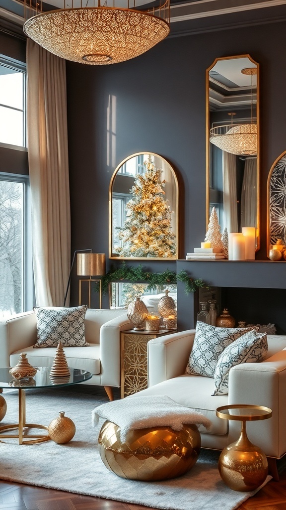 A beautifully decorated living room with mirror and metallic accents, featuring a chandelier, reflective surfaces, and gold decorations.