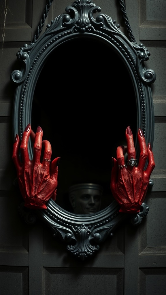A spooky mirror with red devil hands reaching out from behind it.