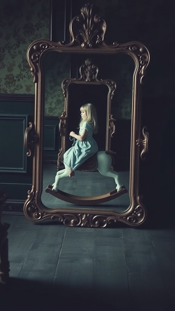 A rocking horse girl reflected in an ornate antique mirror, creating a spooky Halloween atmosphere.