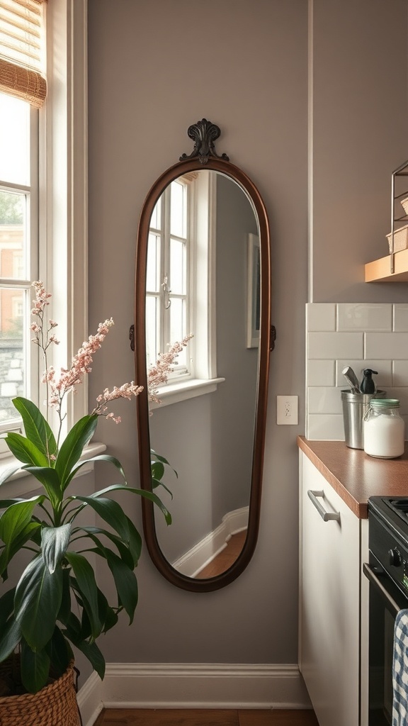 A vintage mirror reflecting light in a cozy kitchen corner with plants.