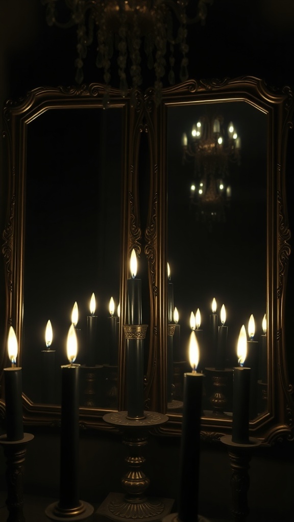 Black XL candles in front of antique mirrors creating a dramatic reflection.