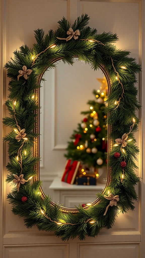 A mirror framed with lush green garland, adorned with fairy lights and decorative bows, reflecting a Christmas tree in the background.