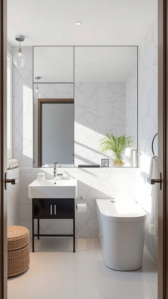 A modern bathroom featuring a mirrored accent wall, stylish sink, and minimalistic decor.
