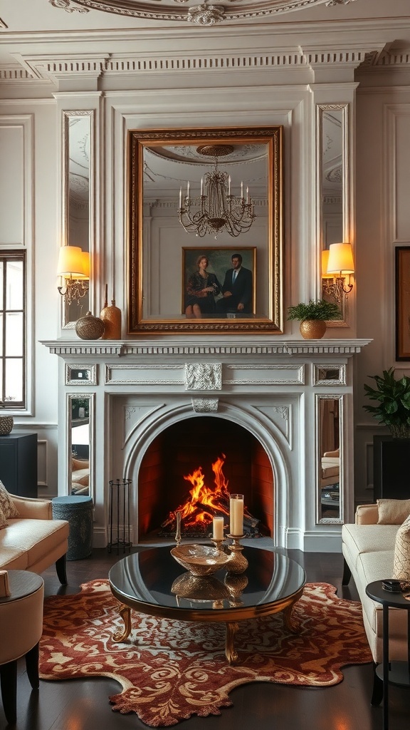 Luxurious living room with a mirrored fireplace, elegant decor, and warm lighting.