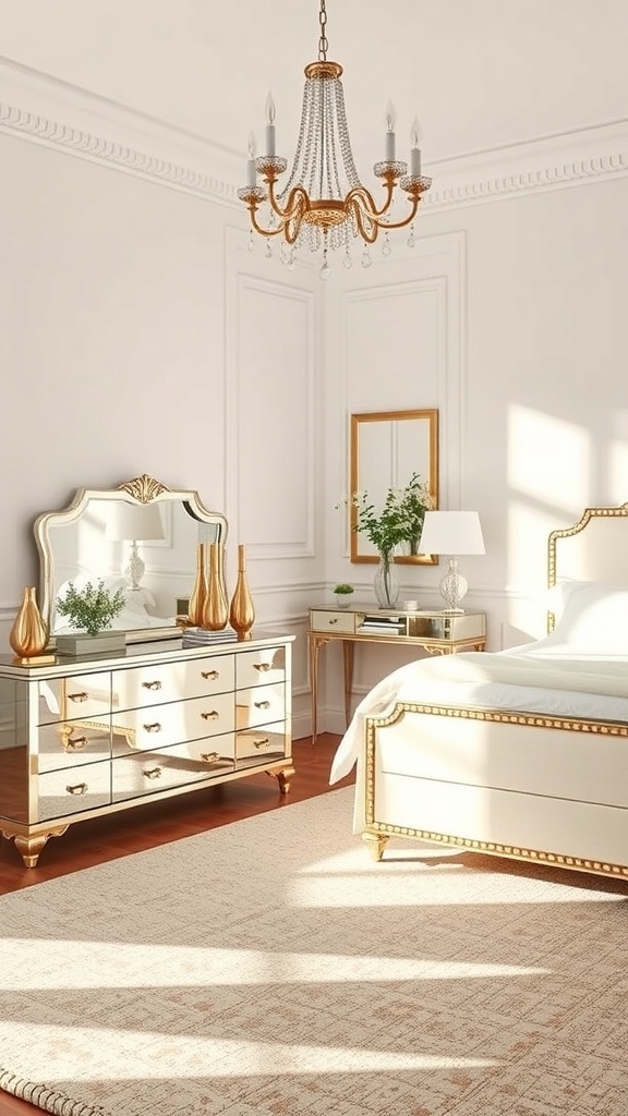 A stylish bedroom featuring mirrored furniture, a chandelier, and soft lighting.