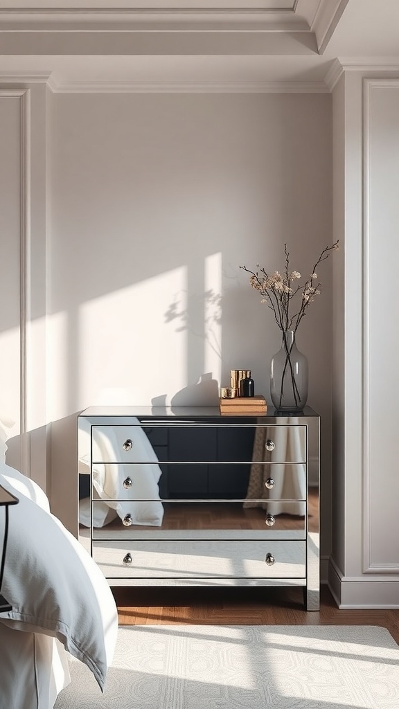 A stylish mirrored chest of drawers in a bright bedroom setting, reflecting light and enhancing the room's elegance.