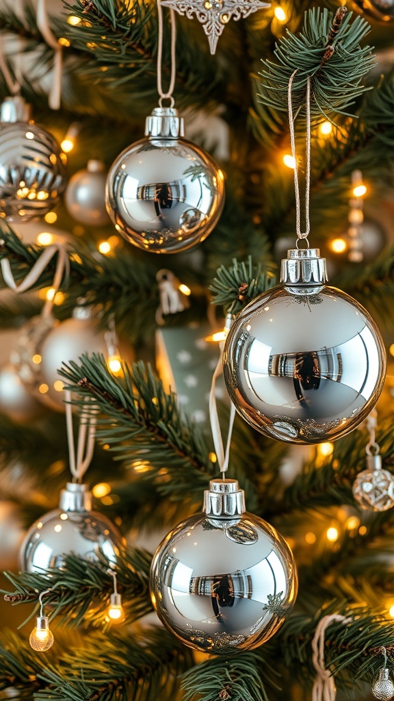 Mirrored and chrome ornaments hanging on a Christmas tree, reflecting light and adding a modern touch.