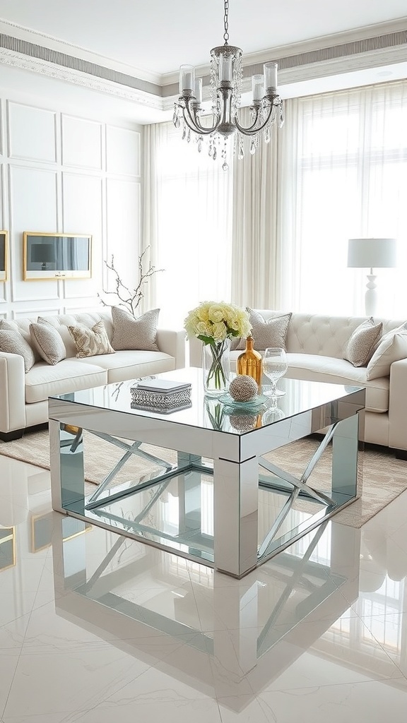A modern mirrored sofa table in a bright living room with elegant decor.