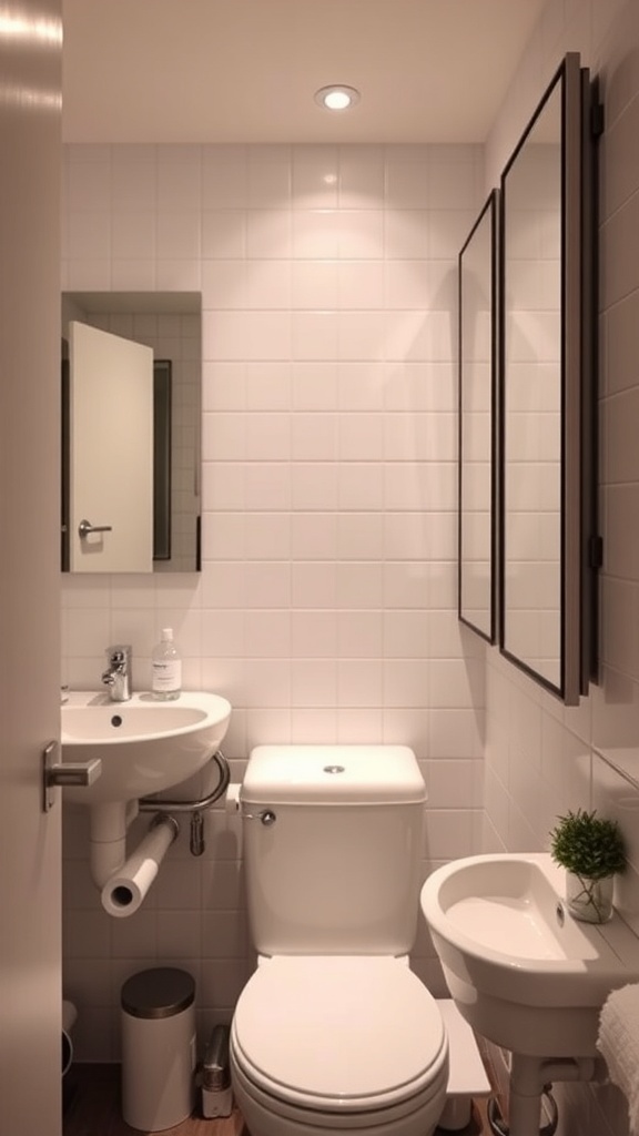 Compact bathroom with mirrored storage cabinets and white tiled walls