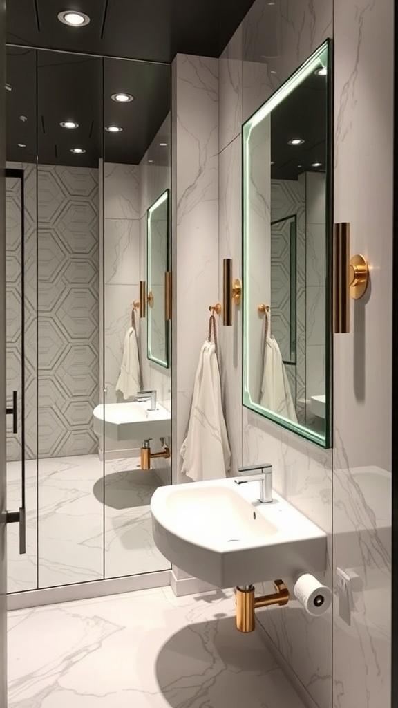 A modern powder room with mirrored walls, elegant fixtures, and a stylish design.