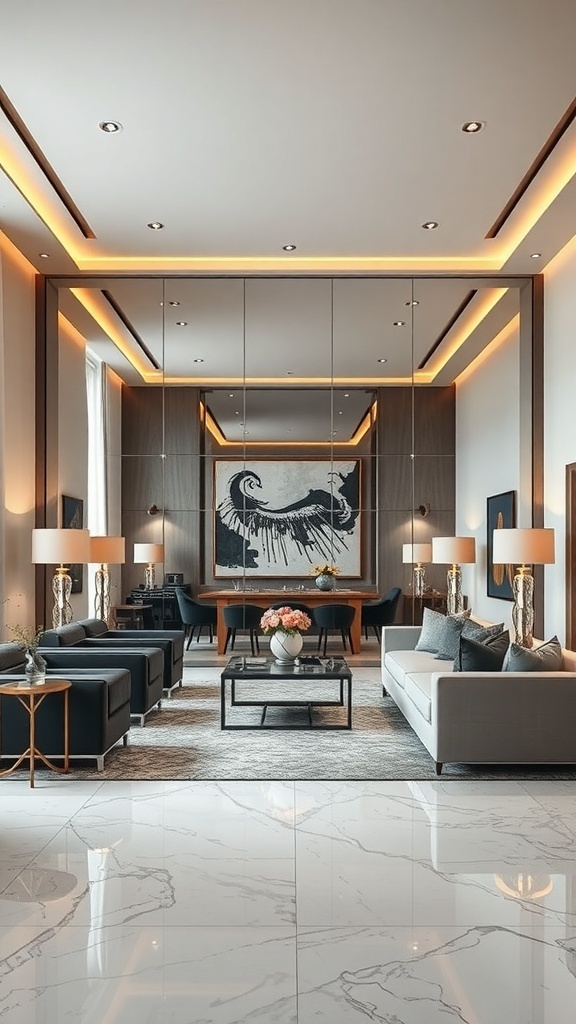 Modern living room with a mirrored wall, elegant furniture, and stylish decor.