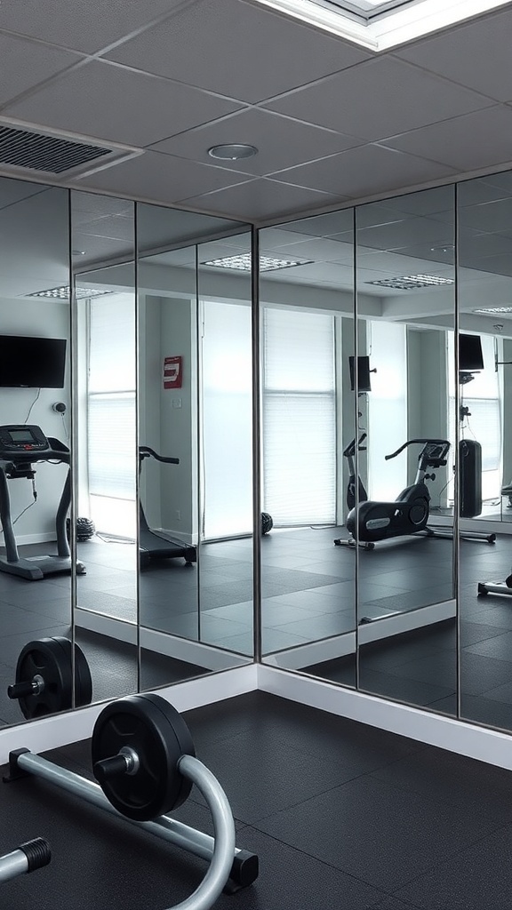 Home gym with mirrored walls and exercise equipment