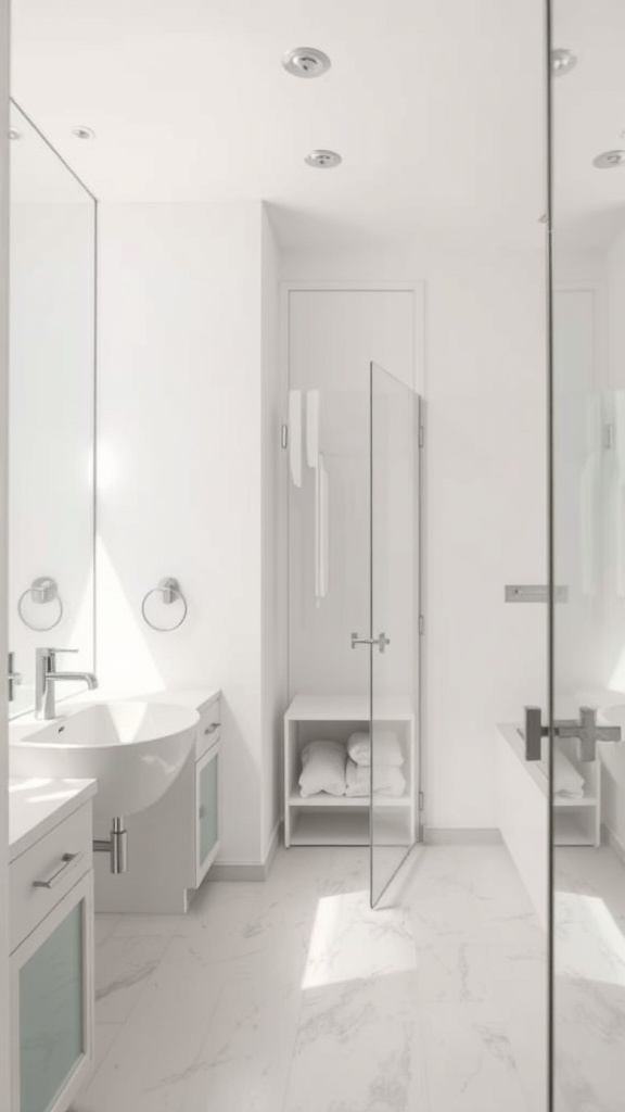 A modern bathroom featuring mirrored walls that reflect light and create a spacious feel.