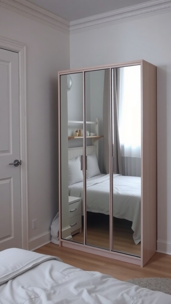 A mirrored wardrobe in a small bedroom, reflecting light and enhancing the space.