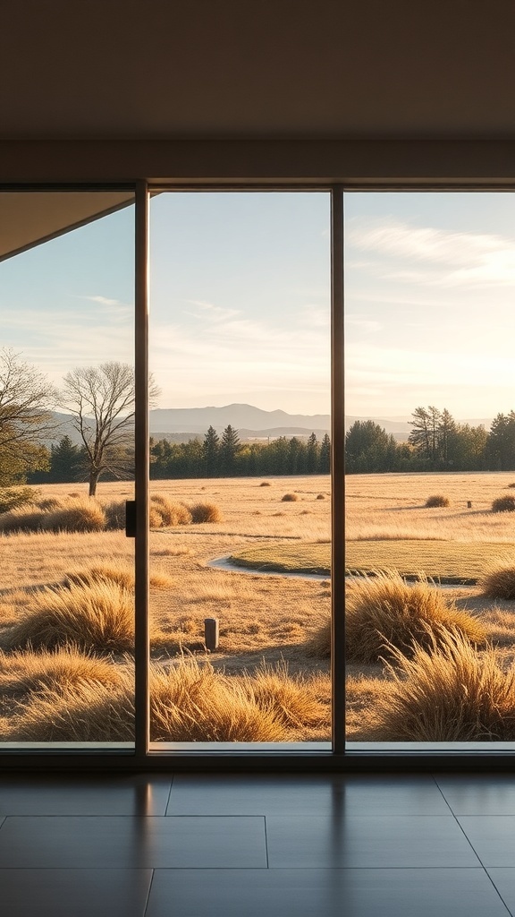 A view through large windows showcasing a landscape with golden grass and distant mountains.
