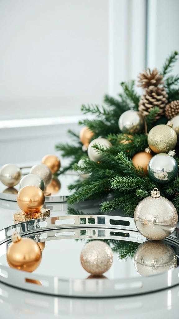 A mirrored tray with metallic ornaments and greenery, showcasing a festive holiday arrangement.