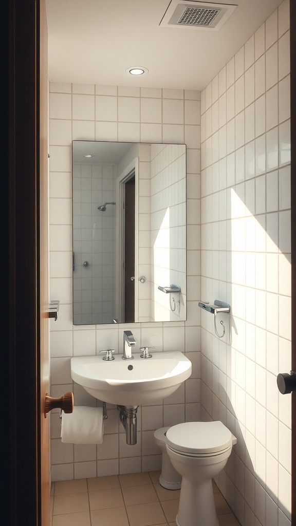 A small bathroom featuring a mirror above the sink, enhancing the space.
