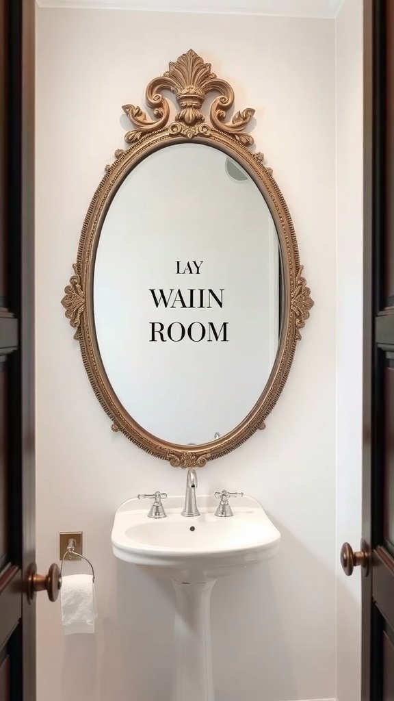 A beautifully framed mirror in a small powder room with a pedestal sink.