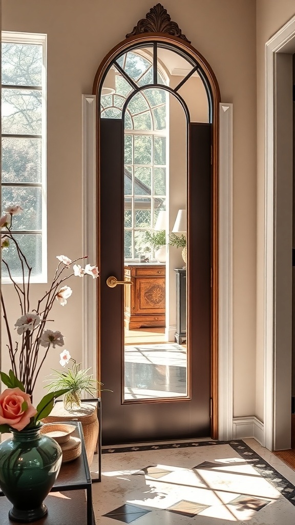 An elegant entryway featuring a stylish arched mirror and a decorative door, with spring flowers in a vase.