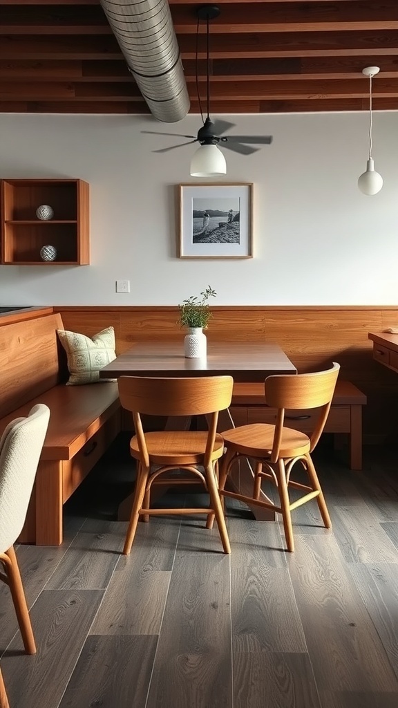 A modern farmhouse dining room featuring a mix of seating styles, including a wooden bench and stylish chairs, set against warm wood tones.