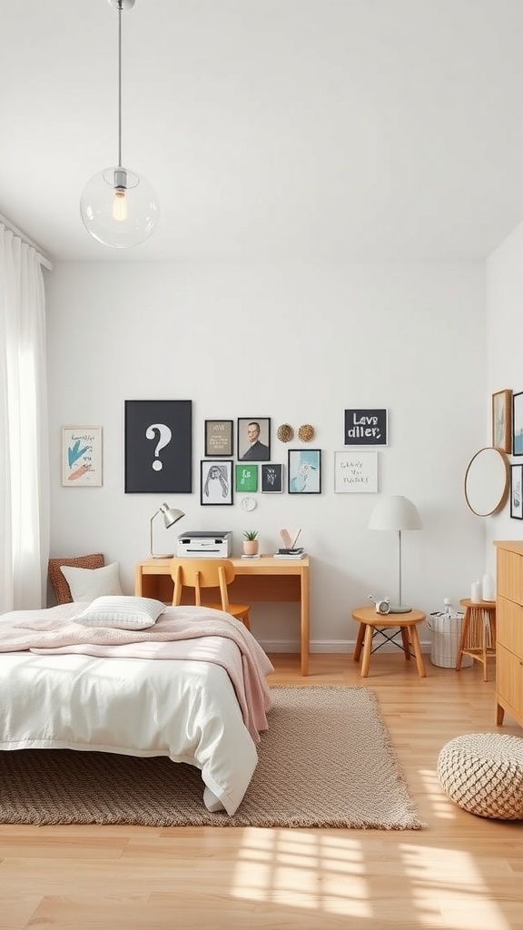 A stylish teen bedroom featuring a mix of modern furniture and playful decor, showcasing a cozy bed, a minimalist desk, and framed art on the walls.