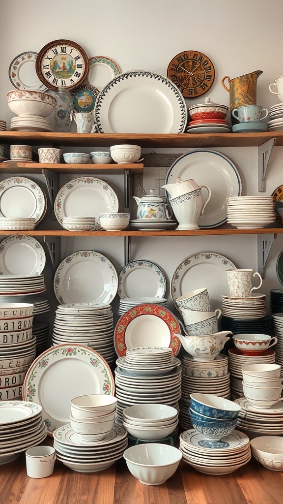 A collection of various dinnerware stacked on shelves, featuring plates, bowls, and cups in different designs and colors.