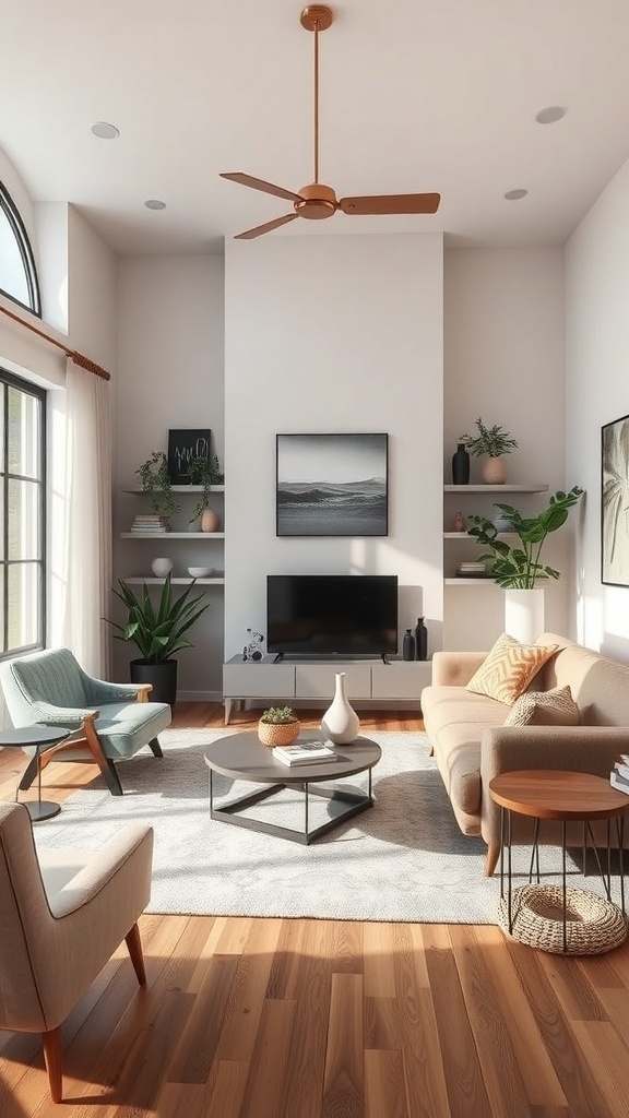 A warm farmhouse living room featuring a mix of modern and traditional furniture styles, with plants and decorative items.