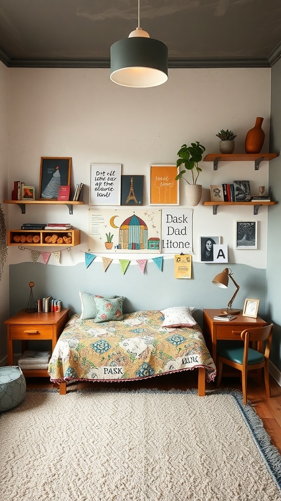 cozy bedroom with mixed wall decor including shelves, art, and bunting
