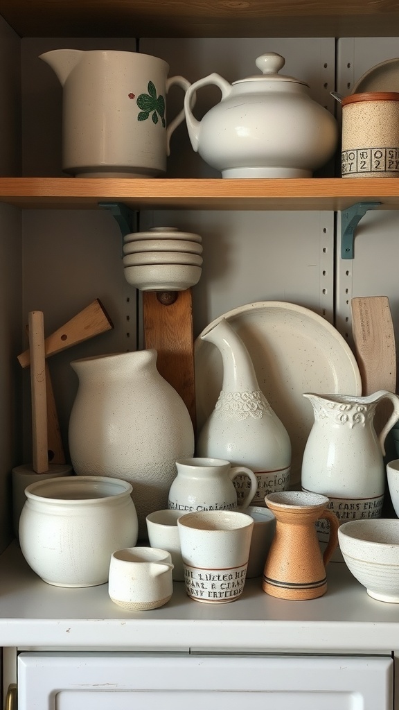 A collection of ceramics and stoneware displayed on kitchen shelves, featuring various shapes and textures.