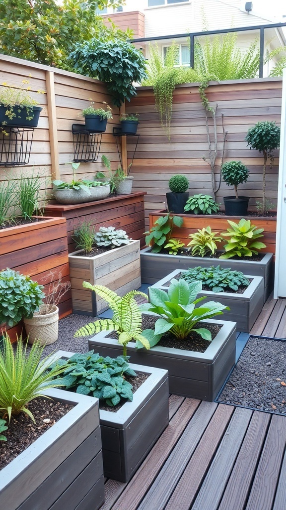 A small backyard featuring raised planters and wooden decking, showcasing a layered garden design.