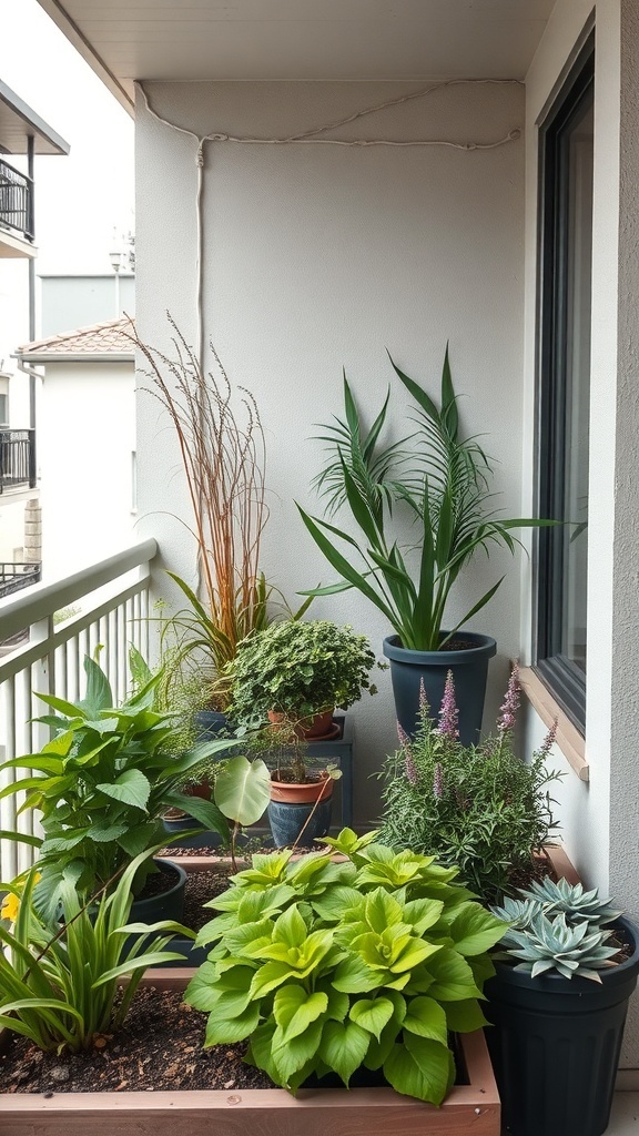 A balcony filled with various plants in different heights and textures, showcasing a vibrant green space.
