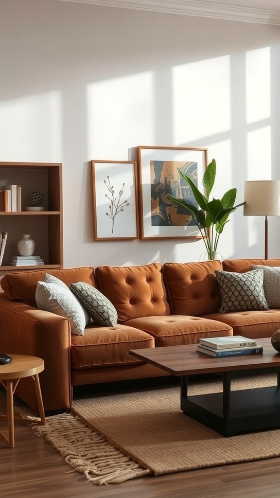 A cozy living room featuring a brown sofa, modern coffee table, and traditional decor elements.