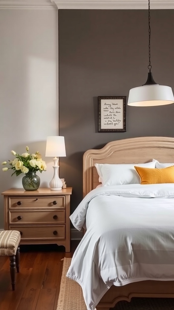 A cozy bedroom featuring a mix of modern and vintage decor elements, including a wooden bed frame, contemporary lighting, and a vintage-style nightstand.