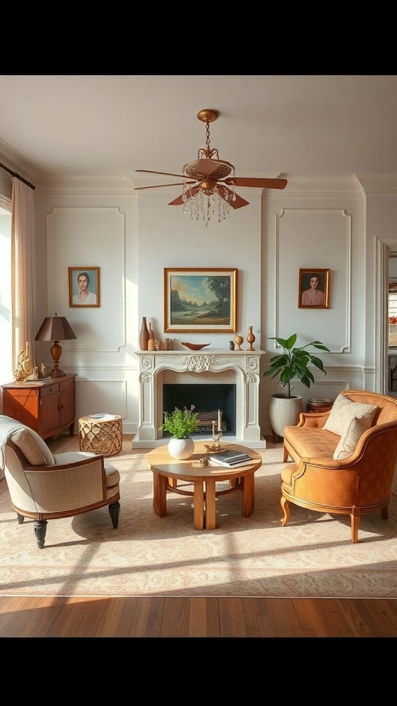 A cozy living room featuring a mix of vintage and modern furniture, including a wooden coffee table, armchairs, and decorative elements.