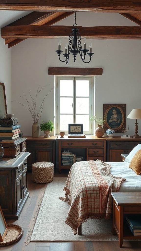 A rustic bedroom featuring a mix of vintage wooden furniture and modern decor elements.
