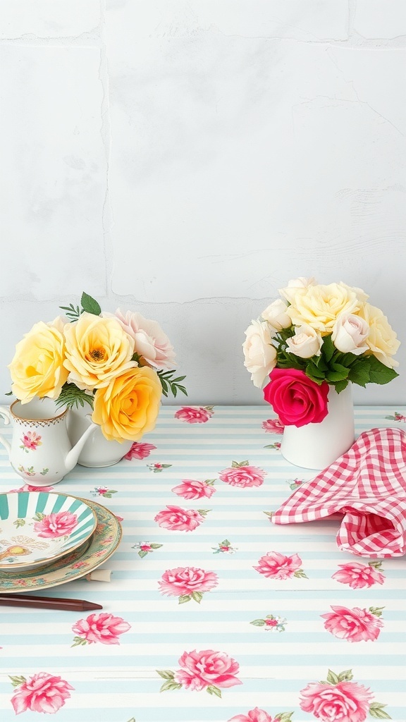 A spring table setting with floral arrangements and striped tablecloth featuring roses.