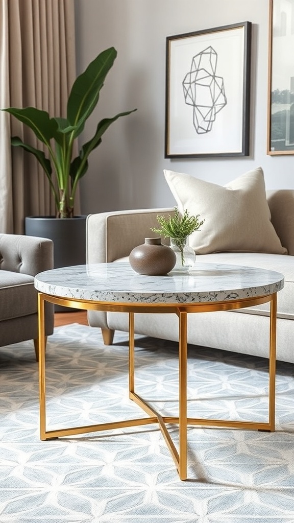 A stylish terrazzo side table with a gold frame, surrounded by modern decor.